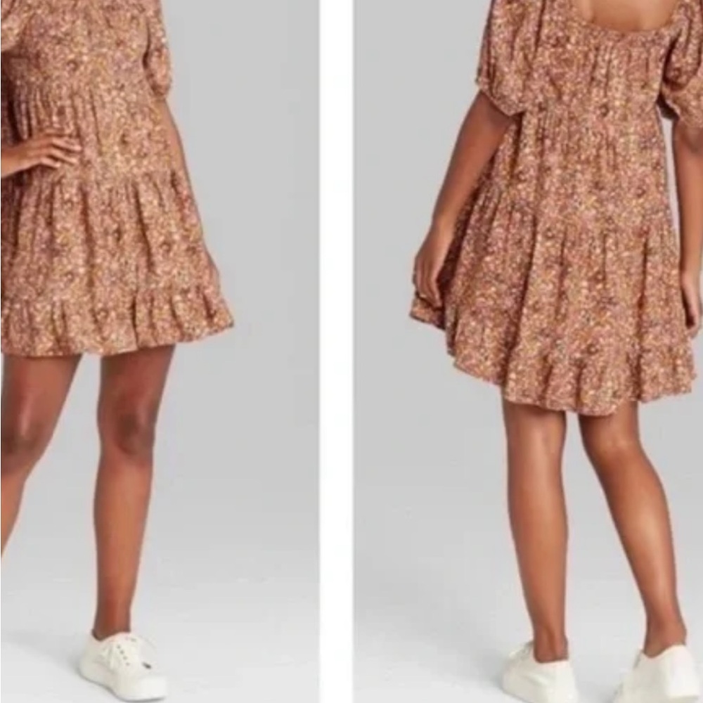 Wild Fable Brown Floral Short Puff Sleeve Boho Hippie Babydoll Dress. Small - Picture 14 of 15